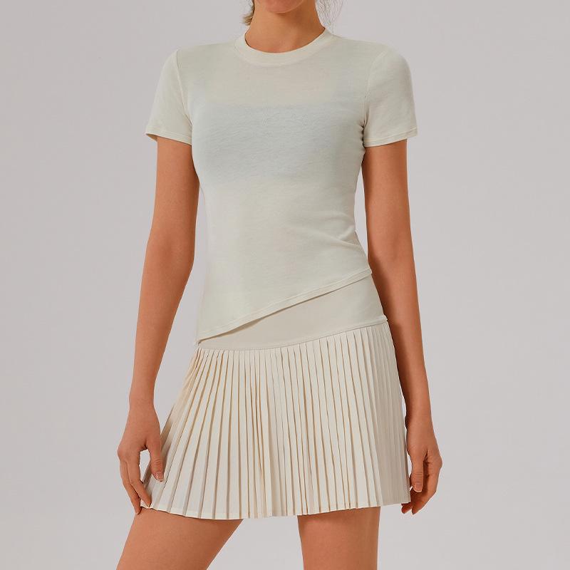 

2025 Весна Женский спортивный топ с коротким рукавом и круглым вырезом и мини-юбка с разрезом Фитнес-комплект S