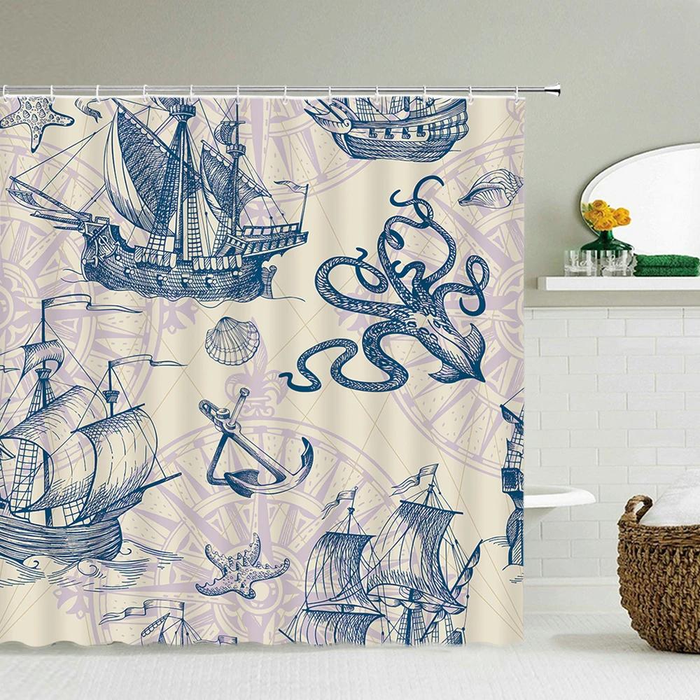 Sailboat Waterproof Bathroom Shower Curtains Sea Navigation Bath Curtains 3d Printing With Hooks 180*180cm Washable Cloth