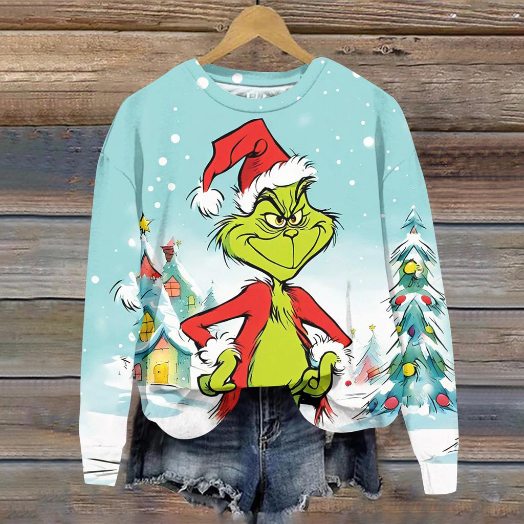 Hanorac sport casual de damă cu mânecă lungă și gât rotund, cu imprimeu Greentown de Crăciun