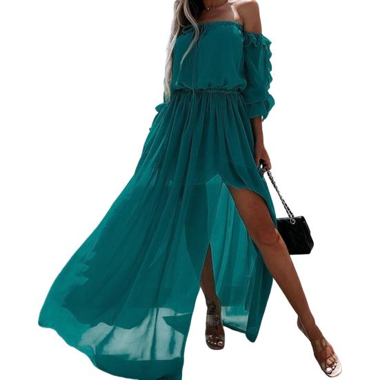 Strandkleid Perspektive Doppellagig Dreiviertelärmel Schulterfrei Durchsichtiges Mesh Maxi