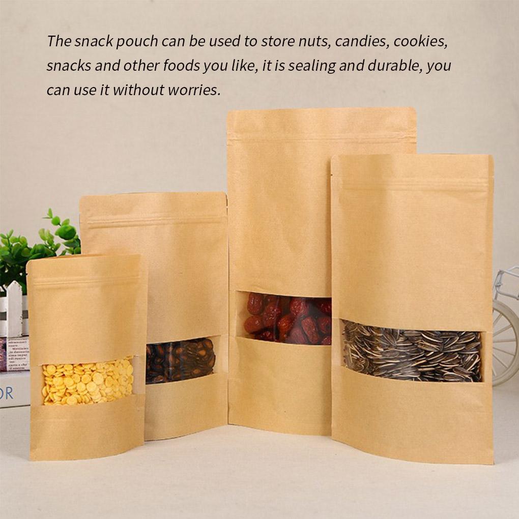 10pcs Kraft Paper Bags Zip Lock Brown With Window Stand Up Resealable Grip