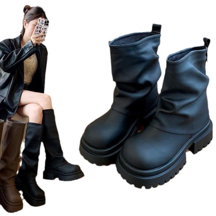 New Long Boots Women's Thick-soled High Tube Thin Summer Medium Tube Boots Stacking Boots Small Thin Boots Black