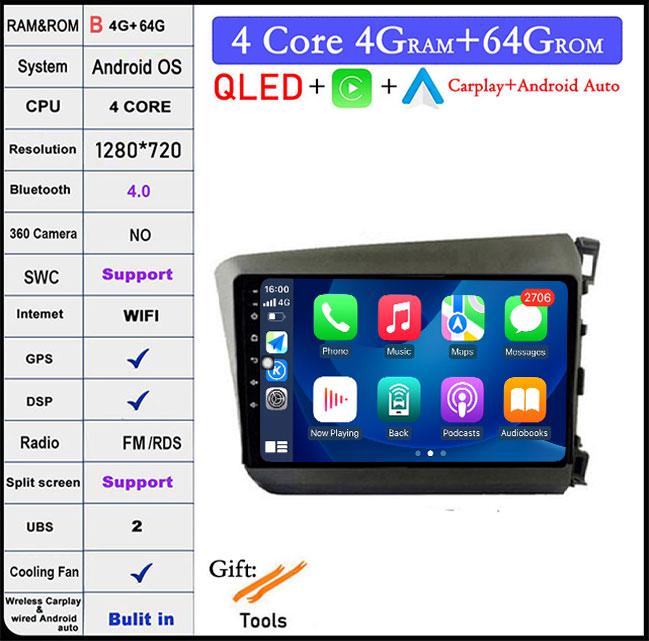 For HONDA INSIGHT 2 2009 2010 2011 2012 2013 2014 Android 14 Car Auto Radio Navi GPS Multimedia Player 4G+WIFI  Carplay Stereo