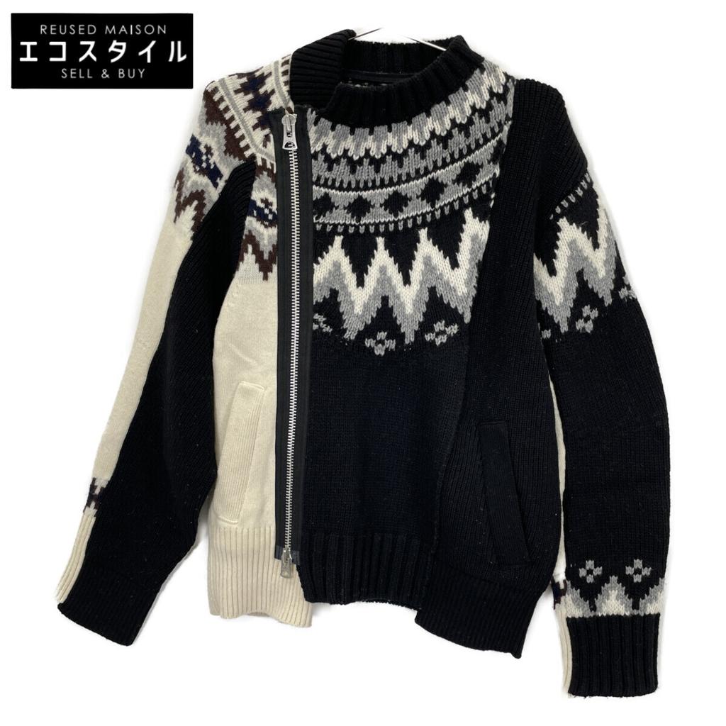 sacai 21-02776M Black x White Rider's Zip Knit tops 1 Black x IvoryUsed