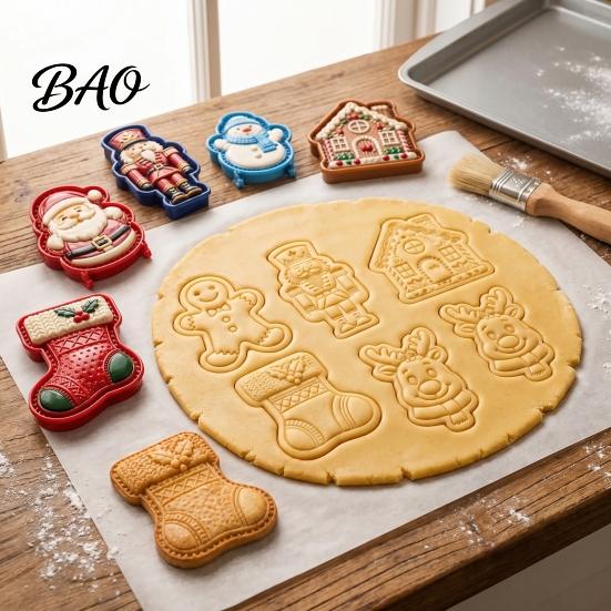 Kitchen Baking Supplies Christmas Cookie Cutter, Push Type Integrated Mold, Plastic Biscuit Cutters Clay Decorating Tool for Holiday Santa Claus Press