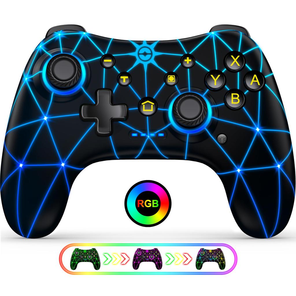 Switch Controller with Macro RGB Rapid Fire Wireless Pro Gyro 4 Vibration and Back Compatible with Switch Switch and iOS Programming, 8-Color Light,