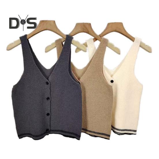 Women Sling Vest Slim Fit V-Neck Sleeveless Top with Striped Pattern Single Breasted Knitted Sweater Daily Wear