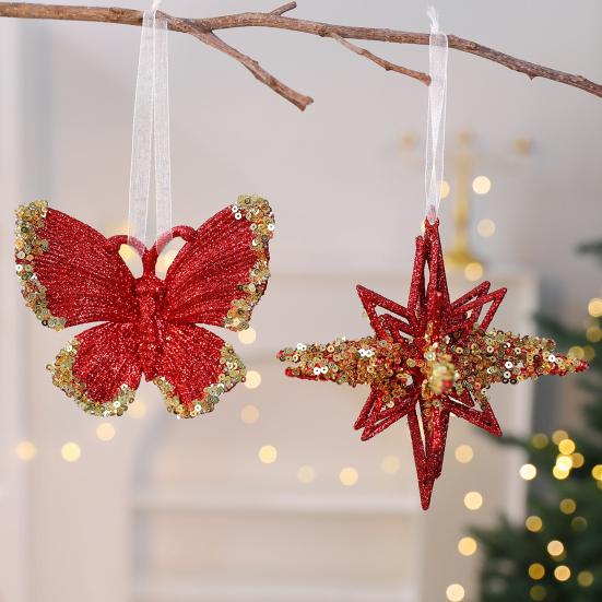 Glitter Sequined Christmas Ornament Red Snowflake/Butterfly/Star/Reindeer/Ballerina Hanging Decoration for Xmas Tree Doors Walls Holiday Home Decor