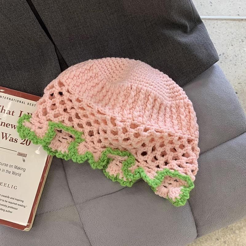 Blue Knitted Wool Cap Women Spring Korean All-match Forest Style Lace Edge Bucket Hat Fashion Big Headband Fisherman Hat