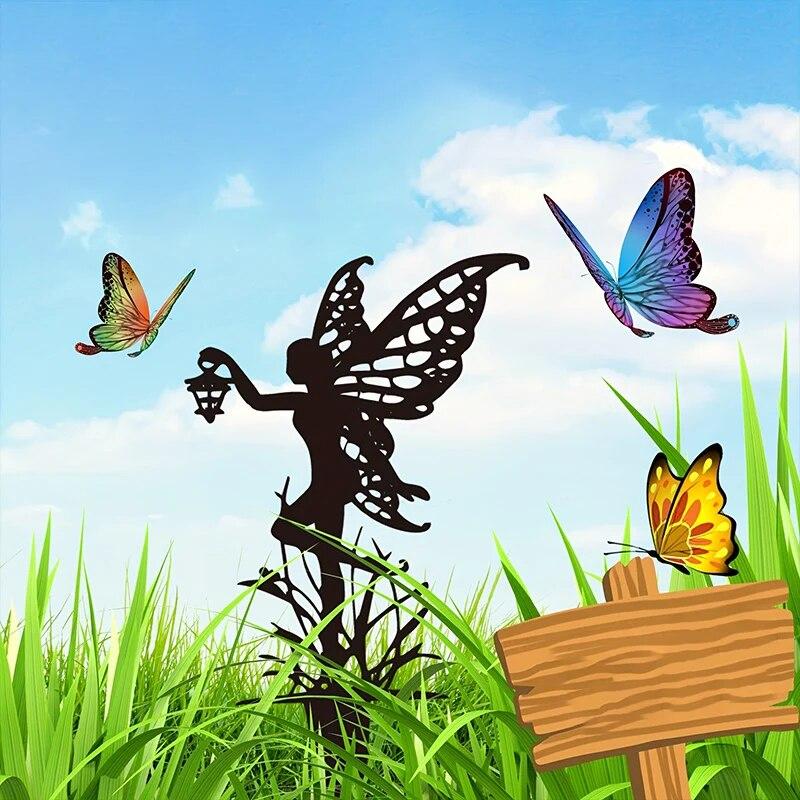 Flower Fairy Garden Sculpture Floor Plug Outdoor Garden Metal Iron Lawn Inserts Outdoor Decorations
