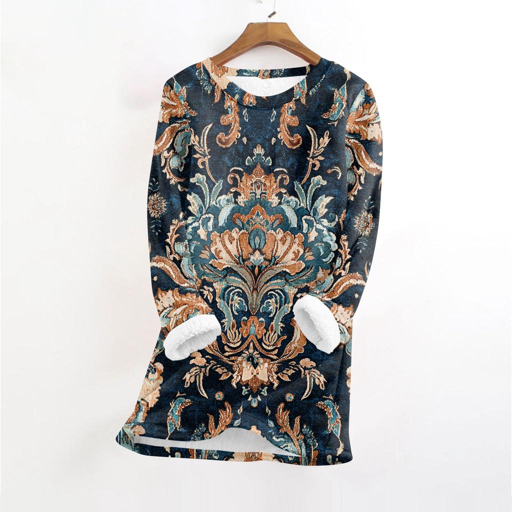 Women's Fashionable Printed Round Neck Long Sleeved Plush Warm Pullover Top