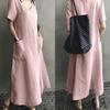 Creative Style 2026 Summer Literary National Retro Women's Cotton Linen V-Neck Loose Swing Dress