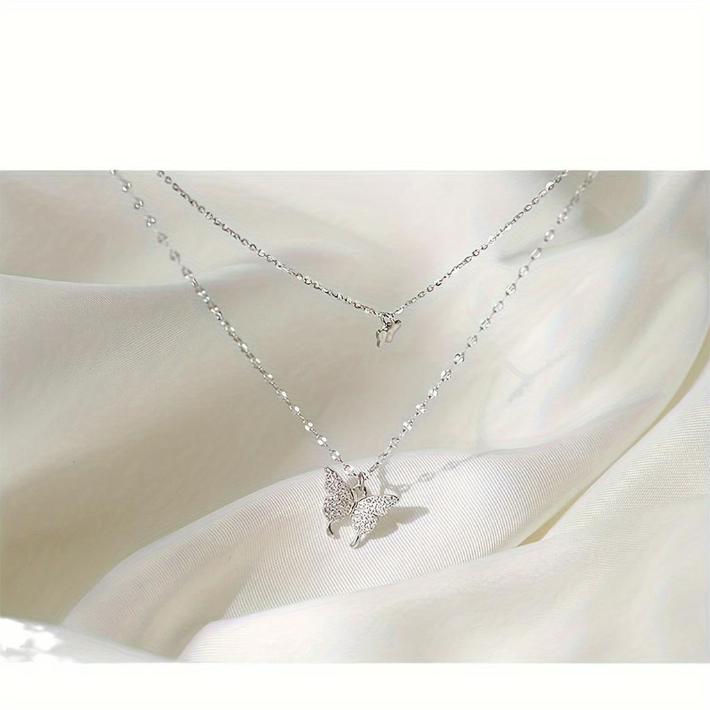 1 Double Layer Butterfly Necklace Alloy Pendant Collarbone Chain Perfect Gift for Girlfriend, Women's Unique Lightweight Versatile Fashion Design Suit
