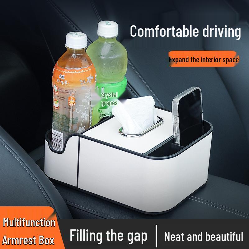Multifunctional Car Armrest Storage & Tissue Box with Cup Holder