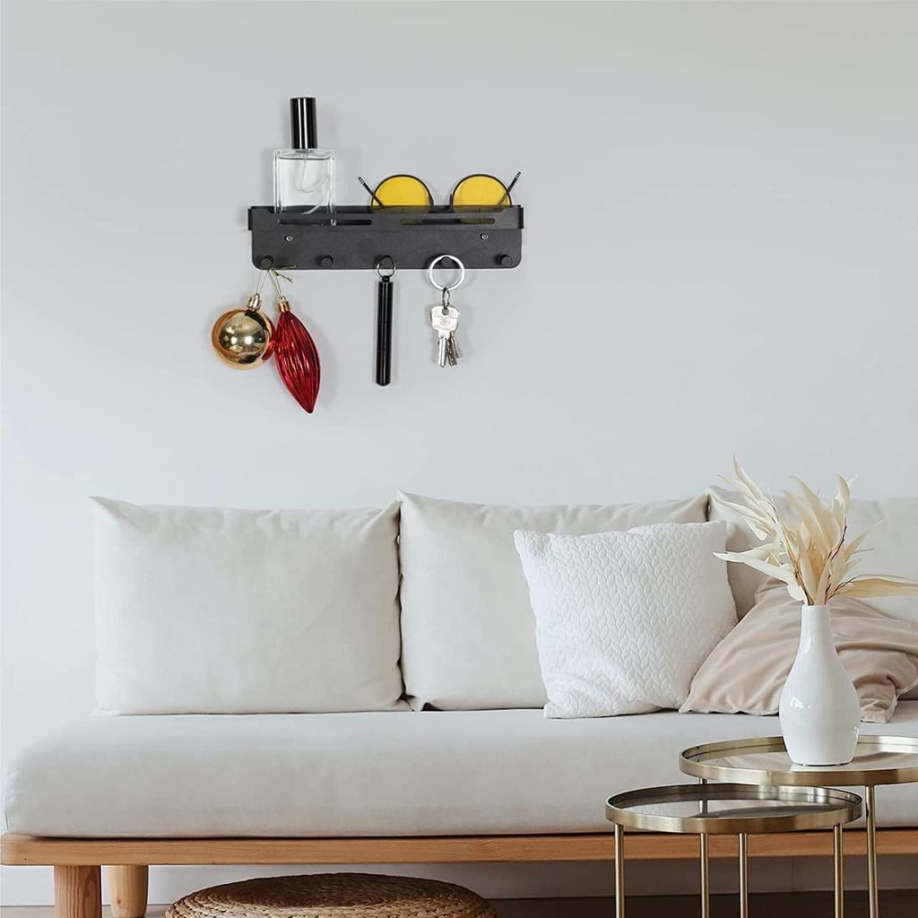 Stainless Steel Wall-Mounted Key Holder with Shelf and Mail Storage Hooks