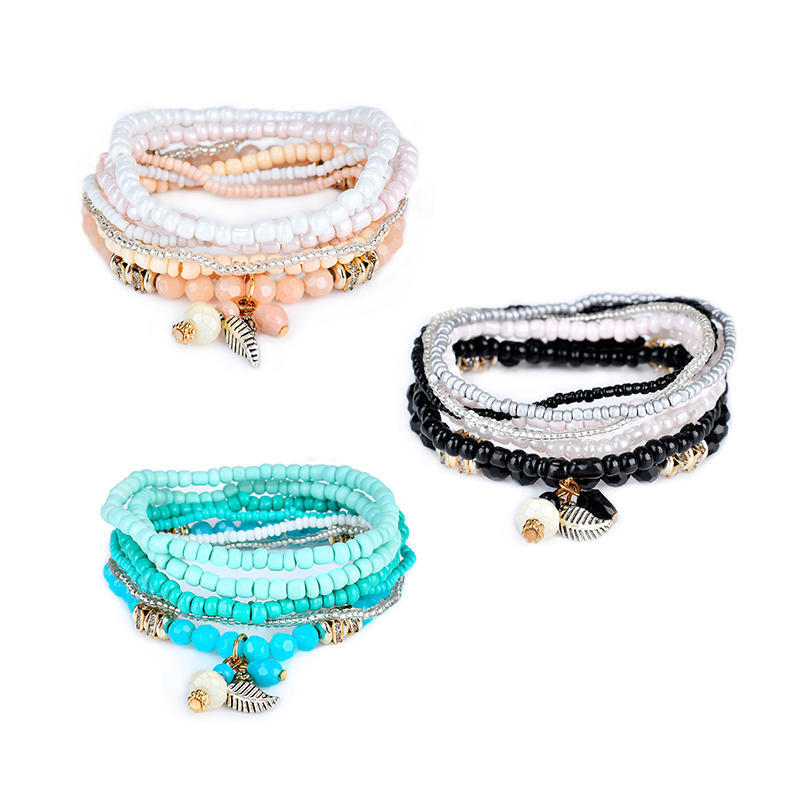 Bohemian Beaded Bracelet Wrap Multilayered Charm Leaf Wrap Wrist Bracelets Fashion Jewelry
