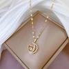 Korean Style Moon & Heart Zircon Pendant Necklace, Non-Fading Titanium Steel Clavicle Chain for Women