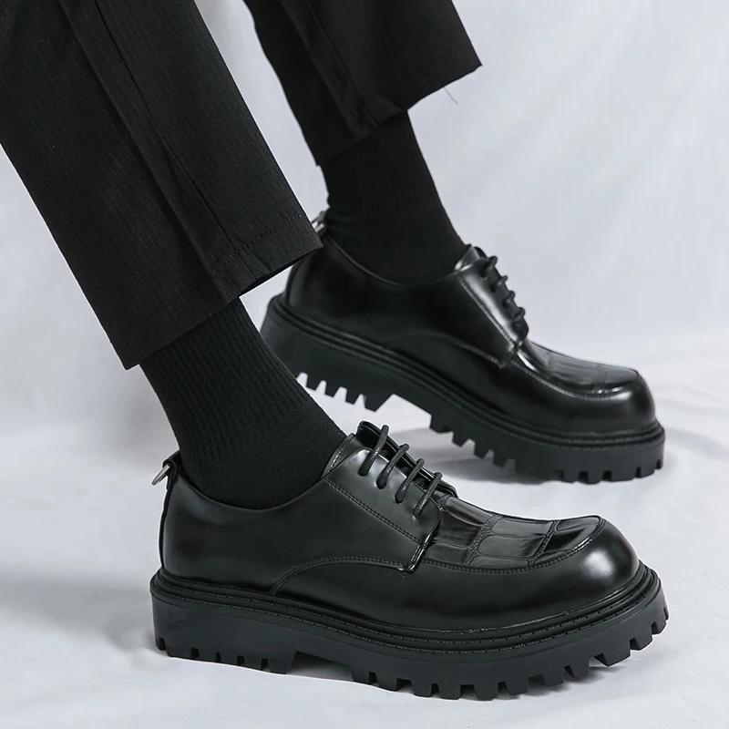 Fashion Spring New Thick Soled Lace Up Oxford Shoes for Men Designer Leather Shoes Waterproof Platform Business Formal Round Toe Shoes