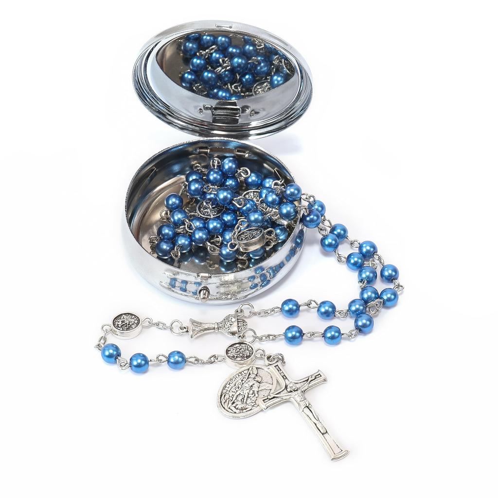 Nazareth Store 8mm Pearl Bead Rosary Necklace with Saint Michael Medal & Grail Centerpiece, Holy Communion Rosary, 8mm, Glass Pearl, No Gemstones