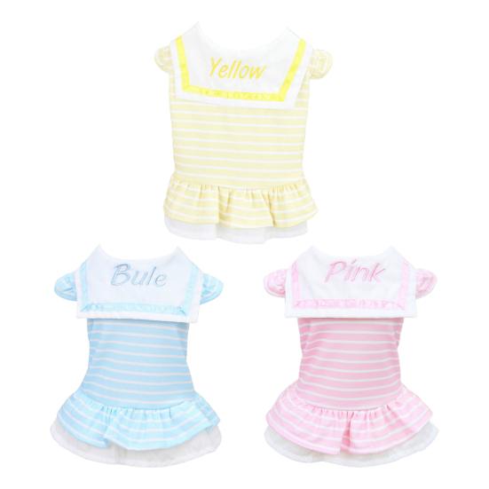 Spring Summer Puppy Dress Hem Striped Layered Pleated Collar Embroidered Print Doll Letters Sweet Contrast Color Dog Costume for