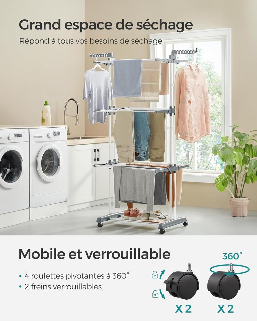 SONGMICS LLR701W01 Portable Clothes Airer with Wheels 4 Levels Foldable 63.5 x 128 x 173 cm, Large Capacity, Easy Assembly, Indoor and Outdoor Use
