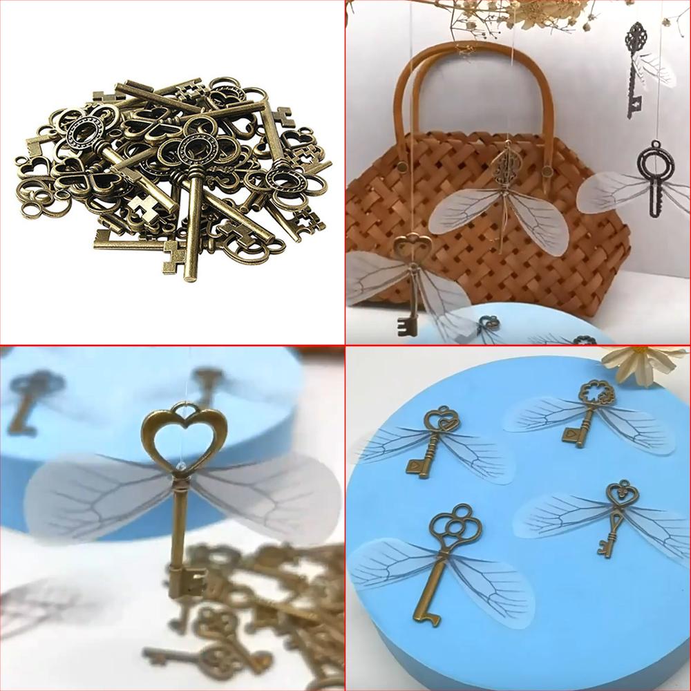 Vintage Skeleton Keys Flying Key Charms with Dragonfly Wings Realistic Effect DIY Jewelry Necklace Pendant Home Party Decoration