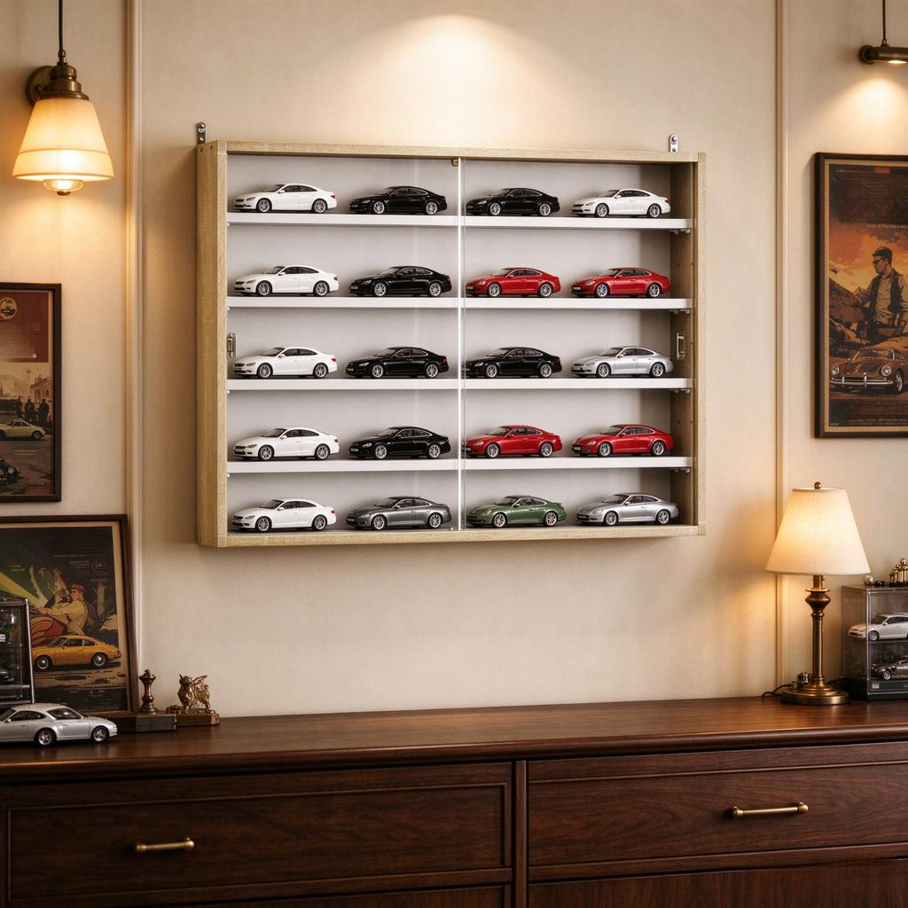 Wall display case for collections with 4 height-adjustable shelves and 2 sliding glass doors