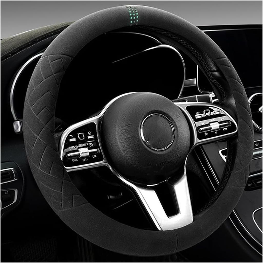 Car Suede Steering Wheel Cover, Non-Slip Protector for Auto Steering Wheel with Grid of The Correction Marker, Breathable Universal Automotive