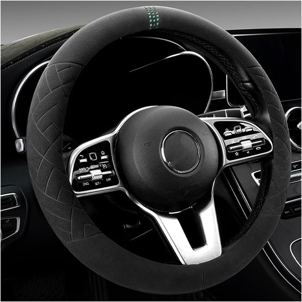 Car Suede Steering Wheel Cover, Non-Slip Protector for Auto Steering Wheel with Grid of The Correction Marker, Breathable Universal Automotive зелёный