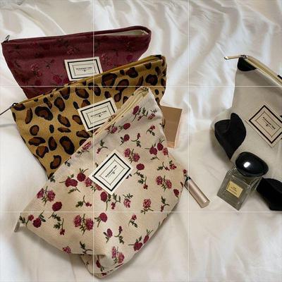 Retro Leopard Print Corduroy Cosmetic Bag - Portable Clutch for Lipstick & Toiletries Storage