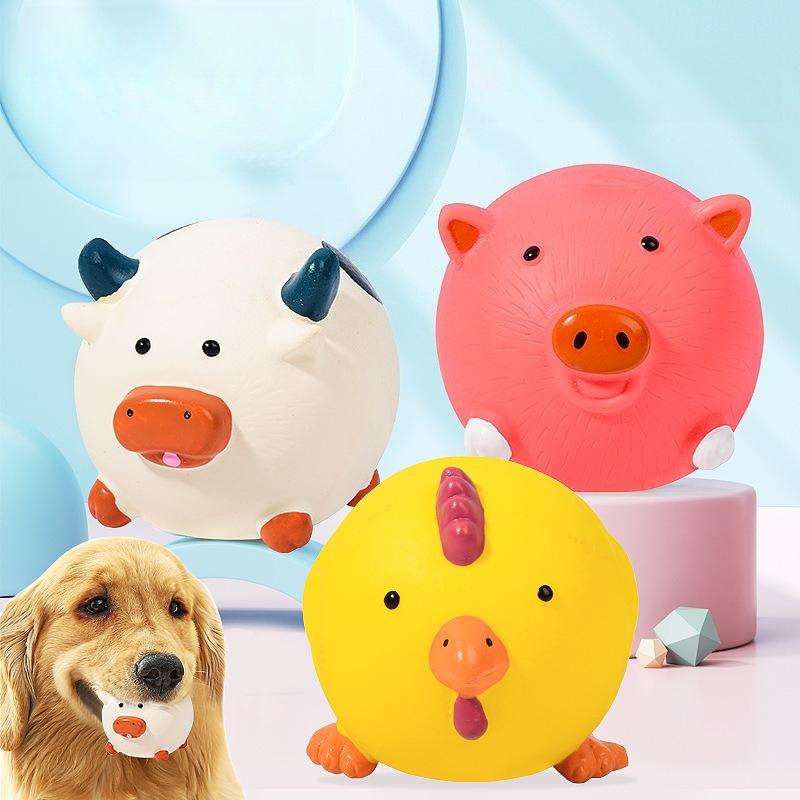Pet Latex Molar Teeth Cleaning Toy - Squeaky Pig/Chicken/Ox Head Ball Safe Durable Teeth Stain Remover, Dog Chew Toy