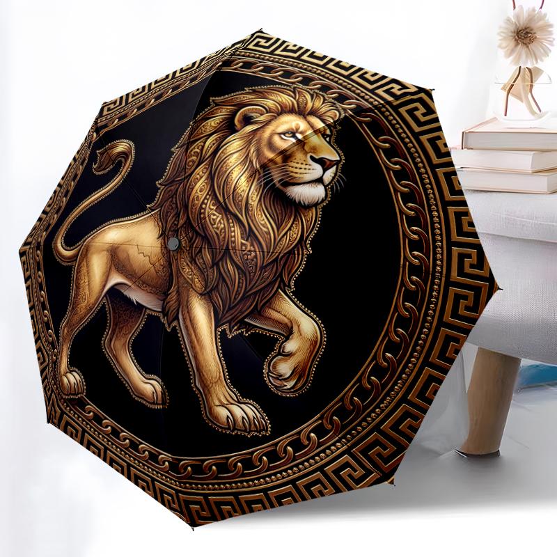 1pc Sturdy 8-Bone Auto Umbrella, Golden Graceful Lion (a) Umbrella, Digital Printed, Foldable Umbrella for On-the-Go Outdoor Use