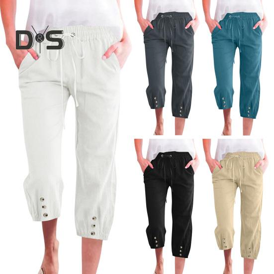 Women Cropped Pants Elastic Waist Adjustable Drawstring Casual Trousers with Pockets Sporty Loose Leg Design Mid-calf Pants