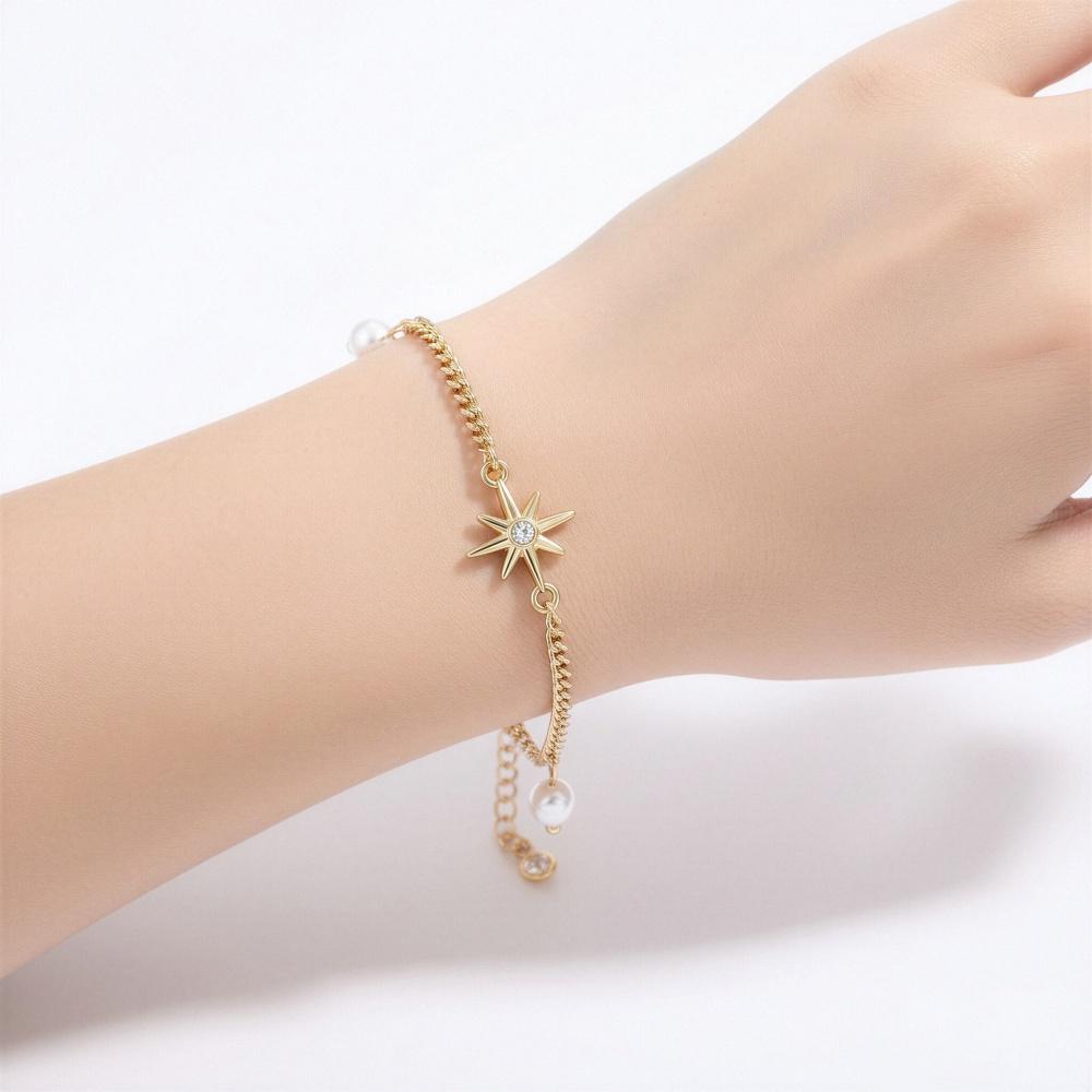 Non Tarnish Gold plate Bracelet Gold Plated Stackable for Women, Thin Herringbone Chain pearl star Jewelry Gift