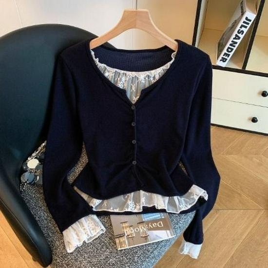 

Jin Plus Size Slimming Red Lace Patchwork T-shirt 2XL (for 140-160 jin) темно-синього кольору