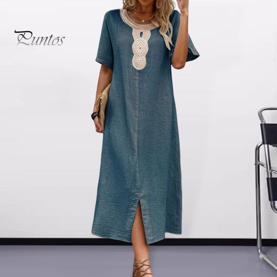 

Летнее женское платье с короткими рукавами и разрезом подол с круглым вырезом, свободное ретро богемное прямое повседневное дышащее повседневное платье миди для отпуска