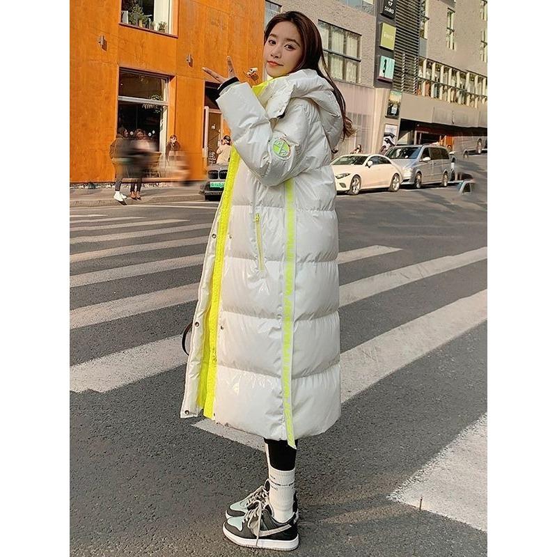 Winter Warm Thick Long Hooded Puffer Jacket Waterproof Shiny Loose Fit Color Block Coat