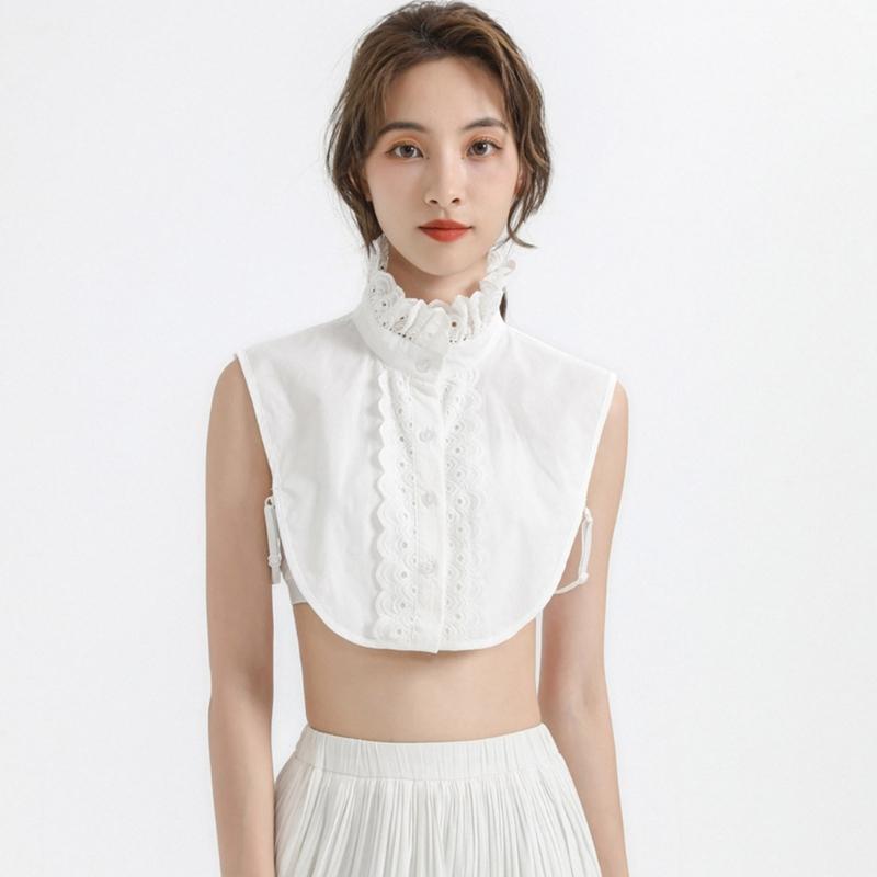 Womens Detachable Fake Collar White Blouses Half Shirt Elegant Ruffled Lace Patchwork French Style Neckwear Accessory