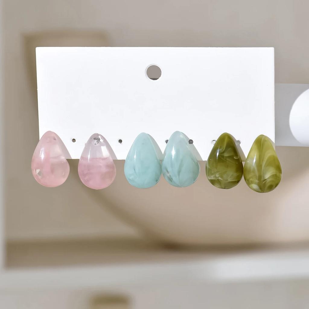 3 Pair New Korean Vintage Water Drop Acetate Resin Stud Earrings For Women Versatile Niche Temperament Girl Ear Jewelry Gifts