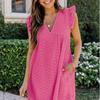 Vestito estivo da donna bianco mini con scollo a V, ricamo a giorno, maniche a balze, linea ad A morbida, da spiaggia con tasche