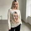 Evropský a americký y2k květinový potisk s písmeny street casual styl volný top s kulatým výstřihem