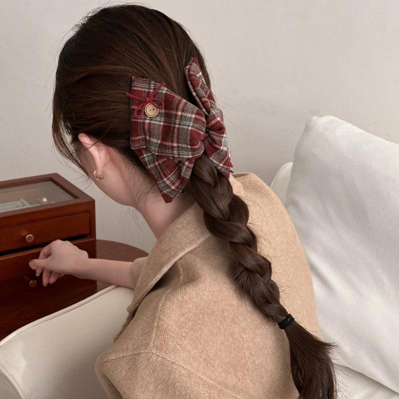 Korean-Style Ins Bow Plaid Hair Clip For Women Large Vintage Hair Clip For Back-Of-Head Updo Shark Clip