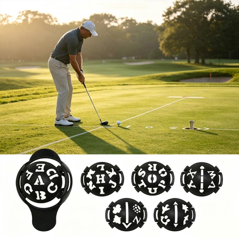 Handheld Golf Ball Drawing Guide Tool for Alignment Practice, Interchangeable Pattern Inserts with Letter Symbol and Guide Mark Styles
