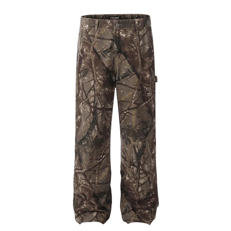 Unisex Retro Camouflage Distressed Work Pants - Straight Leg, Loose-Fit Outdoor Casual Wear