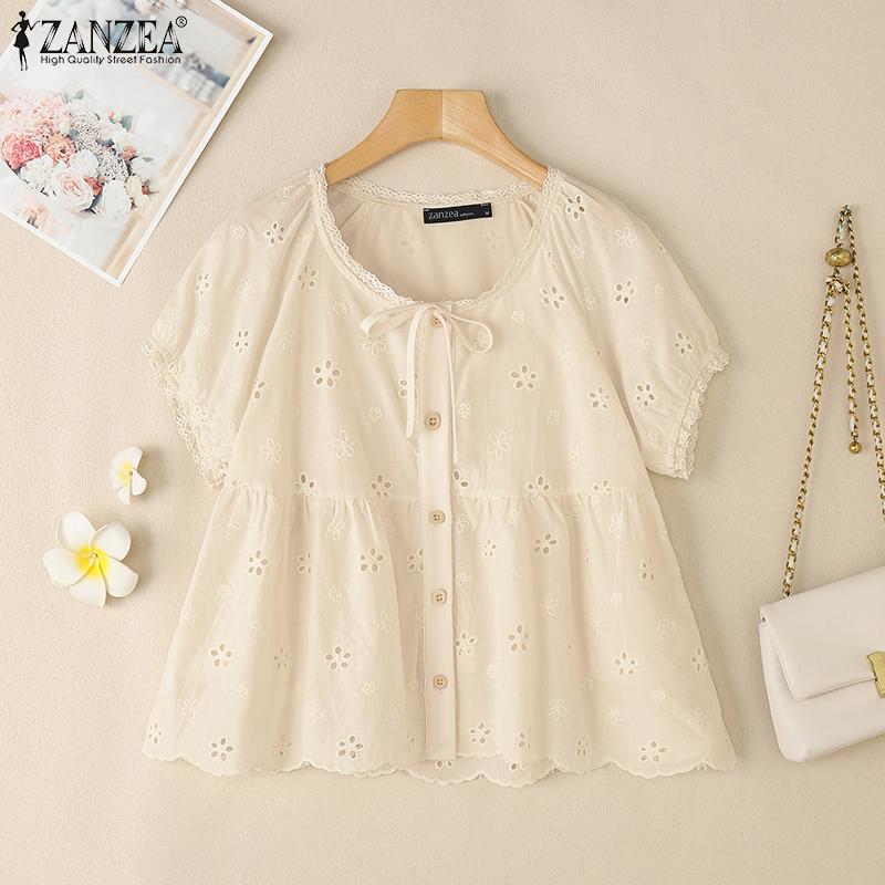 ZANZEA Damen Casual Rundhals Lose Stickerei Häkeln Kurzarm Bluse
