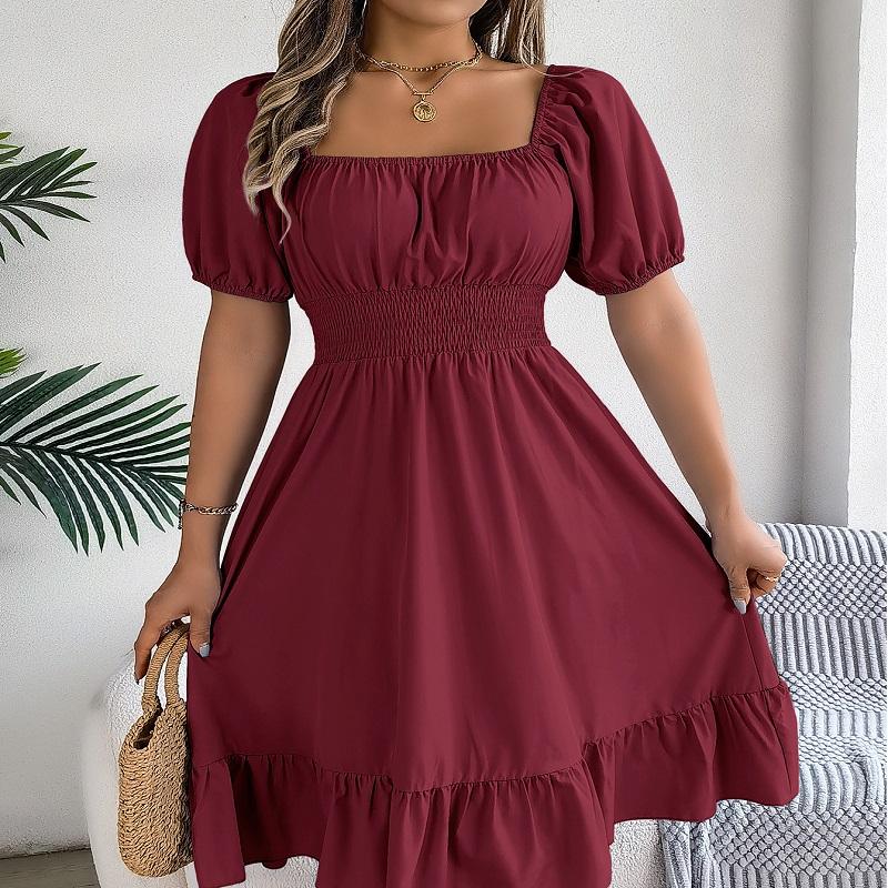 Spring Summer Elegant High Waisted Dress Square Neck Short Sleeved Ruffled Edge Long Dresses Women
