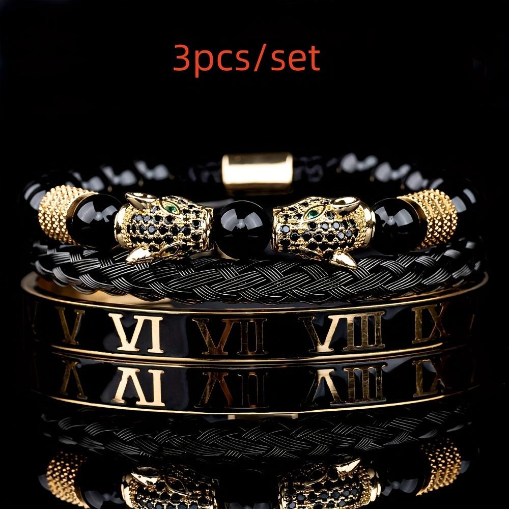 

3 шт. браслеты с двойной головой леопарда, эмалью и римскими цифрами, пряжка из веревки, каменные бусины, украшения для вечеринки, повседневный подарок на день рождения, крутые аксессуары