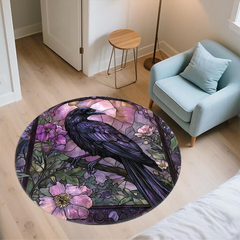 Flower Crow,Round Area Rug,Carpet Rug for Living Room Bedroom Sofa Playroom Decor,Non-slip Floor Mat