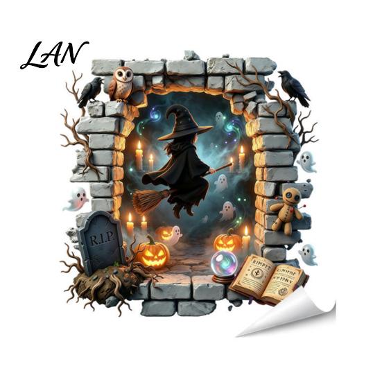 Black Cat Wall Stickers Halloween Stickers, 3D Broken Effect with Ghost Skeleton Pumpkin Bat Decals, Self-Adhesive Temporary Decorations Waterproof