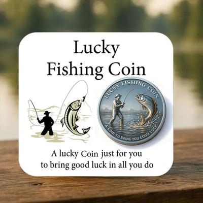 Lucky Fishing Coin with Card Engraved Fisherman Catching Big Fish Collectible Coin Good Luck Charm for Fishing Enthusiast Keepsake Token for Anglers